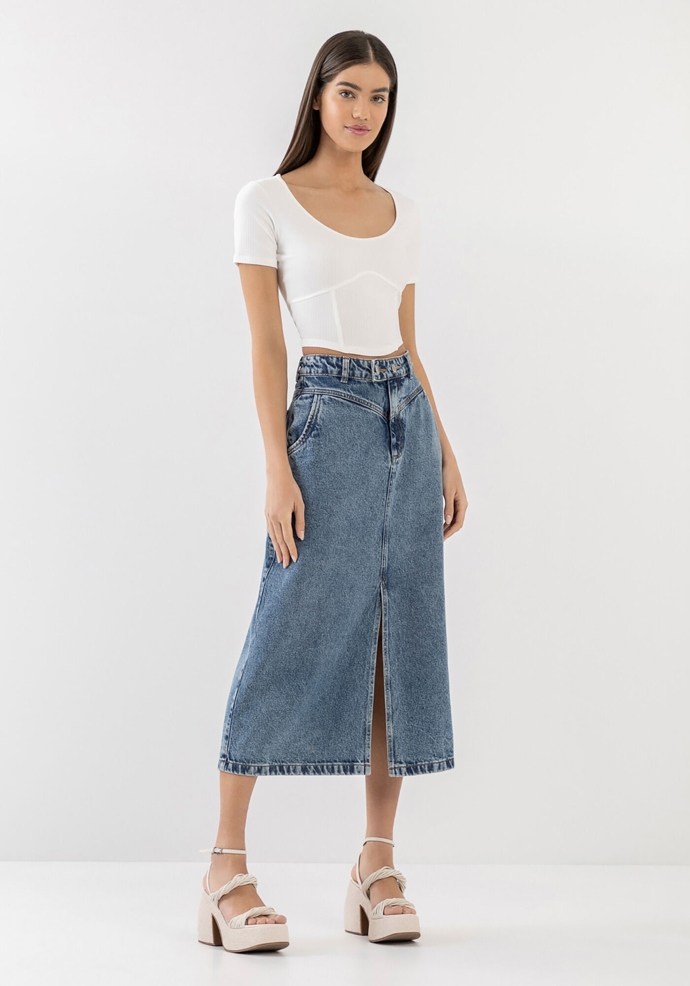 Saia jeans midi com clearance fenda