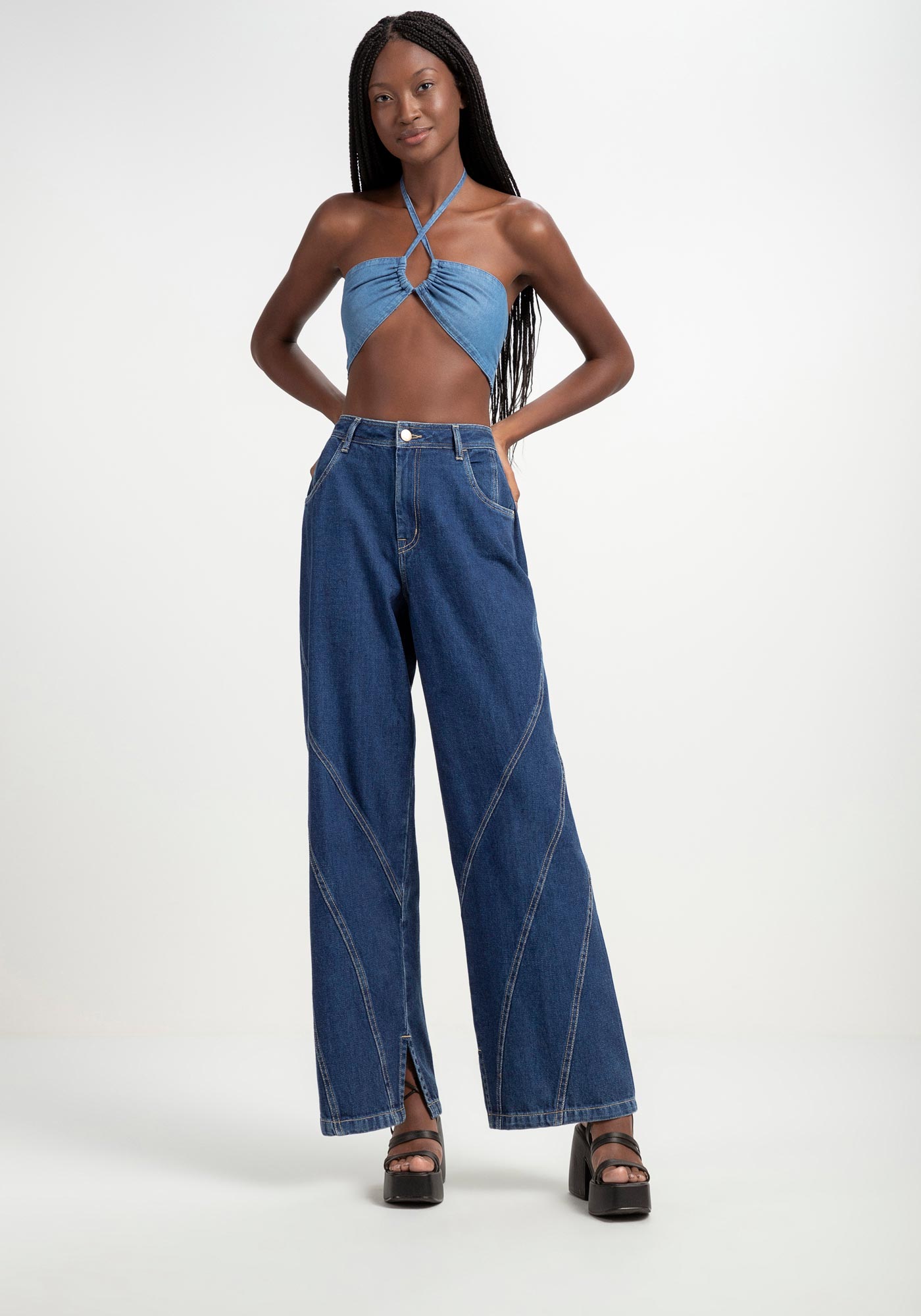 Calça Jeans Wide Leg com Pespontos